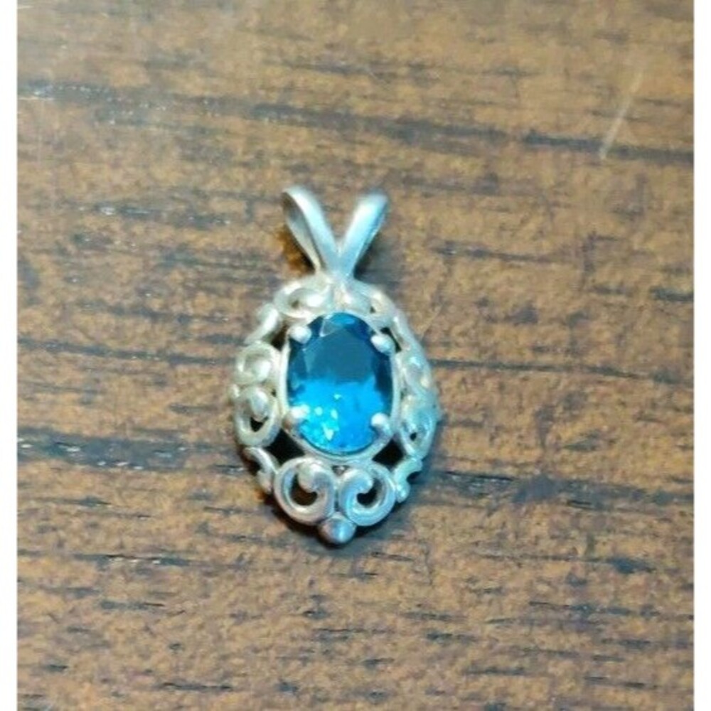 Sterling Silver Blue Topaz Pendant Dainty Signed KBN ~1/2"